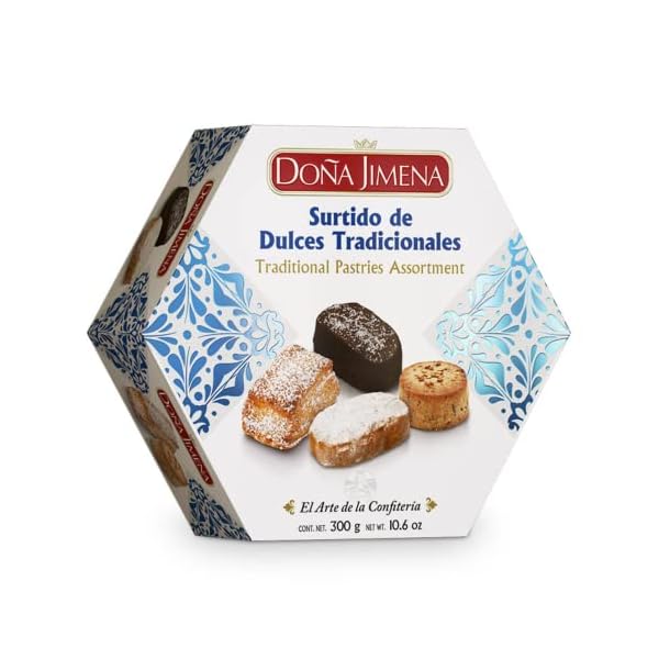 Doña Jimena| Weihnachtsgeschenkkorb| Sortiment traditioneller Süßigkeiten, Schokoladen-Polvorones, Mini-Schmalzgebäck und Blätterteiggebäck | Für die ganze Familie | Mandeln, 300 Gramm