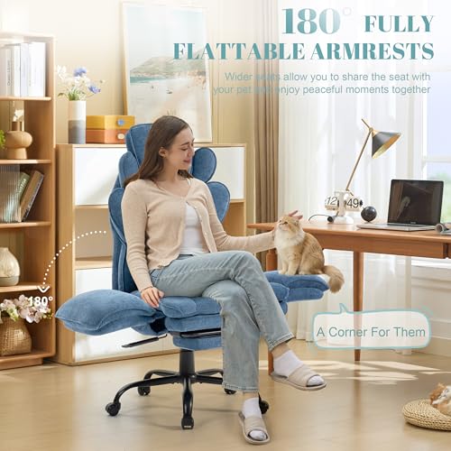 Image of Flip Armrests Criss Cross Office Chair, Reclining Office Chair with Foot Rest, Adjustable Headrest, Massage Waist Pillow, Cross Legged Big and Tall Desk Chair Wide Seat Vanity Chair, Blue Fabric