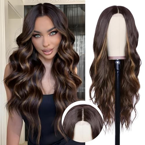 NAYOO Long Dark Brown Mixed Chestnut Wavy Wig for Women
