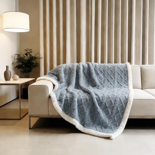 YYTCOZYY Cable Knit Sherpa Blanket – Reversible Soft Plush Throw Blanket for Couch Bed Sofa, Cozy Warm Fleece Blanket for All Seasons, (Blue, 80"x90")