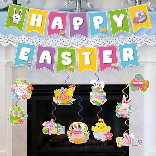 Image of Happy Easter Banner and Egg Bunny Chicken Hanging Swirls for Easter Party Decorations Indoor Outdoor Home Classroom Baby Showers 1st Birthday Decor