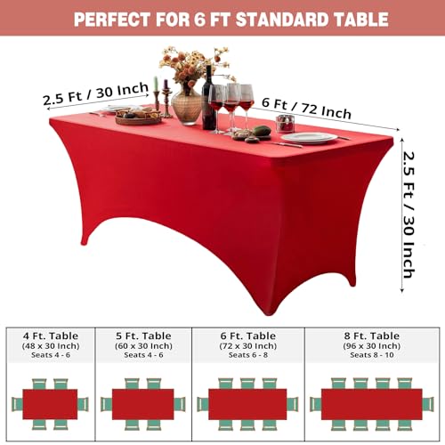 Image of FOLINS&HOME Red 6ft Fitted Water Resistant Tablecloth with Spandex | Washable Elastic Rectangle Table Cover for 6 Foot Folding Tables, Stretch Table Cloth for Weddings, Banquets, Parties