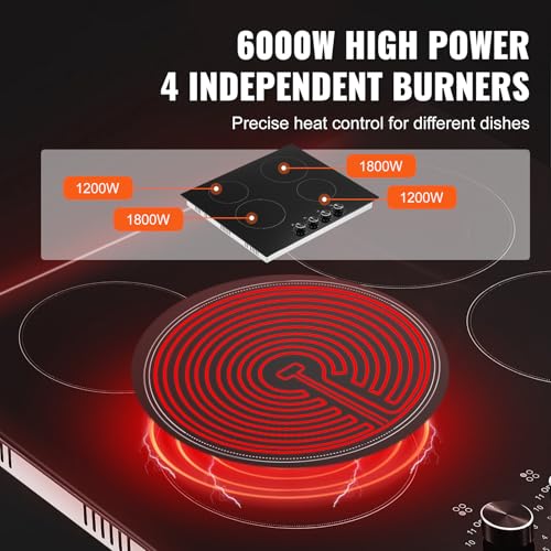 Image of VEVOR Electric Cooktop, 24 inch 4 Burners Built-in Electric Stove Top, 6000W Ceramic Top Radiant Cooktop, with 11 Heat Levels, Glass Panel, Knob Control, 220-240V, Hard Wire (No Plug)