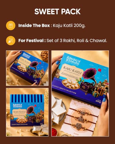 Image of House of Treats Rakhi With Sweets Kaju Katli 200g Rakhi Gifts for Brother Set of 3 Rakhi With Sweet Box for Gift Sweets Gift Pack Raksha Bandhan Hamper for brother