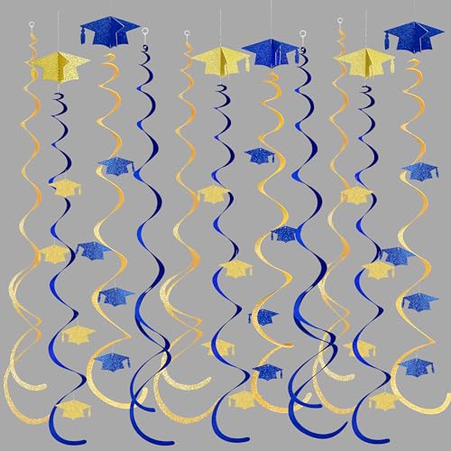 Image of 24Pcs Royal Blue Gold Graduation Grad Cap Hanging Felt Swirl Streamer Spiral Ceiling Garland for Class of 2026 Congrats Grad You Did It We are So Proud of You I'm Done Themed Party Decoration Supplies