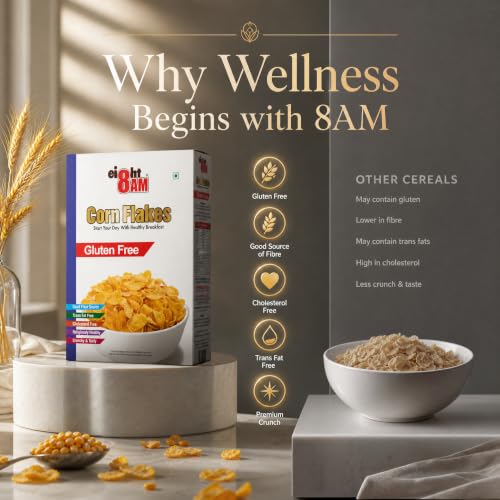 Image of 8AM Corn Flakes Gluten Free 300g (Pack of 2), 99% Fat Free & Cholesterol Free, Trans Fat, Crunchy & Delicious, Nutritious Whole Grain Breakfast Cereal