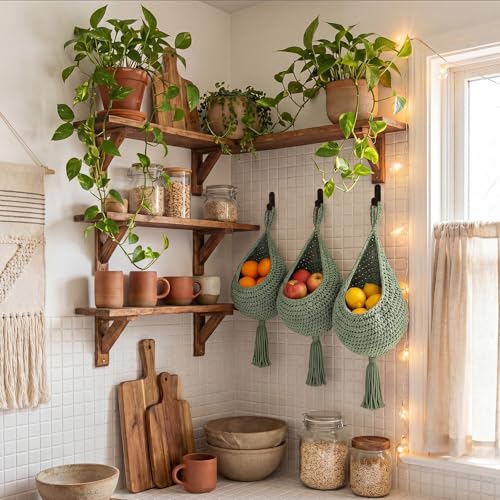 Image of Honeydak 3 Hanging Baskets, Sage Green, Tassel, Cotton Rope