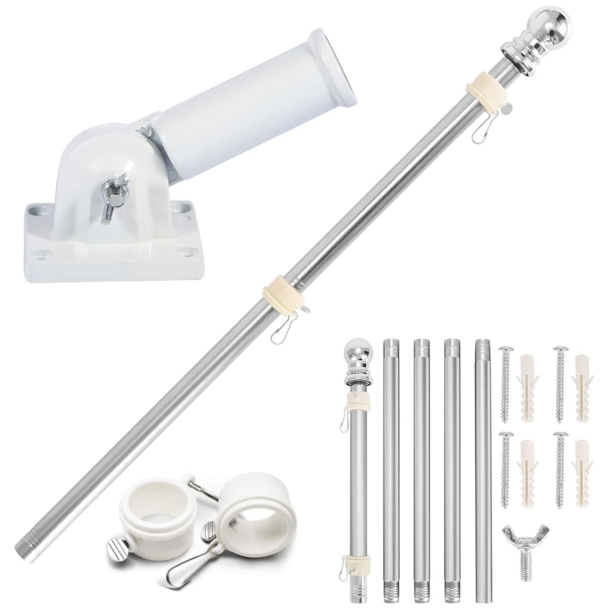 YJQXMYU 6FT Flag Pole Kit, Extra Thick Sectional Flagpole with Mounting Bracket, Stainless Steel Festival Flag Pole Set for House Garden Yard Outdoor Fence(silver)
