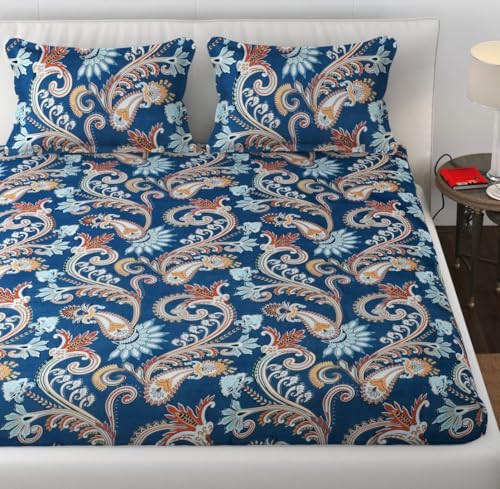 Image of Premium Heavy Cotton Elastic Fitted Bedsheets with 2 King Size Pillow Covers || Double Bed with All Around Elastic 350 TC || 72 x 78 x 10 Inch King Size Fitted || - Blue Jaipuri