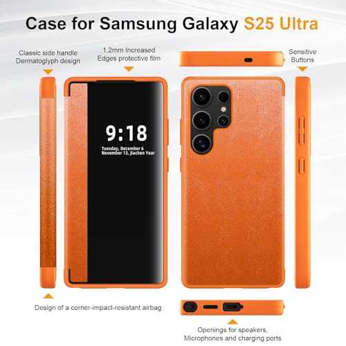Image of Flip Case for Samsung Galaxy S25 Ultra Case S View, Frosted Translucent Window Clear View Folio Protective Phone Case, 360 Degree Full Body Shockproof Flip Cover Case for Samsung S25 Ultra 5G (Orange)