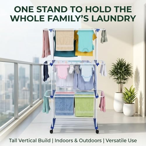 Image of FLIPZON Premium 3 Tier Flexri Cloth Drying Stand with Wheels | Alloy Steel Laundry Rack for Indoor & Outdoor Use | Heavy Duty Multi Layer Stand for Family Laundry (Blue & White)