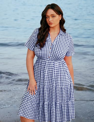 Image of CARCOS Plus Size Dresses for Curvy Women Collared Vneck Short Sleeve Dresses Midi Summer Ruffle Dress with Pocket XL-5XL