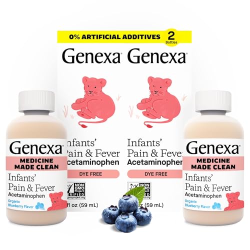 Image of Genexa Infants' Clean Acetaminophen | Pediatrician Preferred Ingredients | Pain Reliever & Fever Reducer for Babies | Dye Free, 0% Artificial Additives | Organic Blueberry Flavor, 4 fl oz (2 Pack)