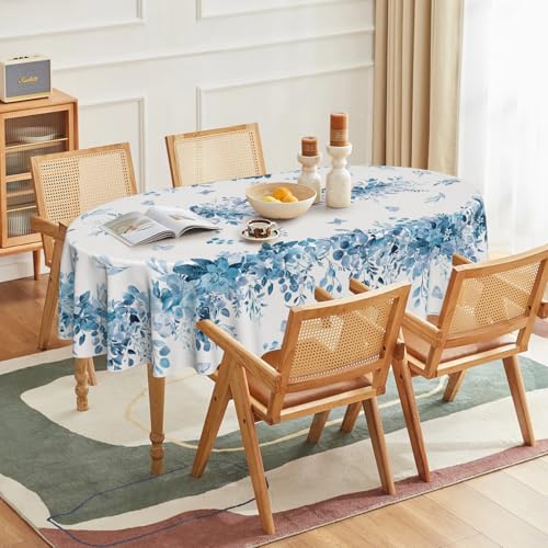 Image of Horaldaily Spring Tablecloth 60 x 84 Inch Oval Eucalyptus Floral Blue | Washable Table Cover for Party Picnic Dinner Decor