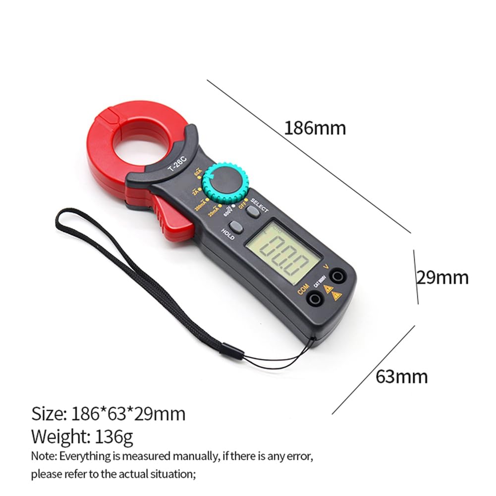 Amperímetro de Pinza Digital T-26C, Prueba de Corriente de Fuga 20 mA a 60 A, Rango Automático