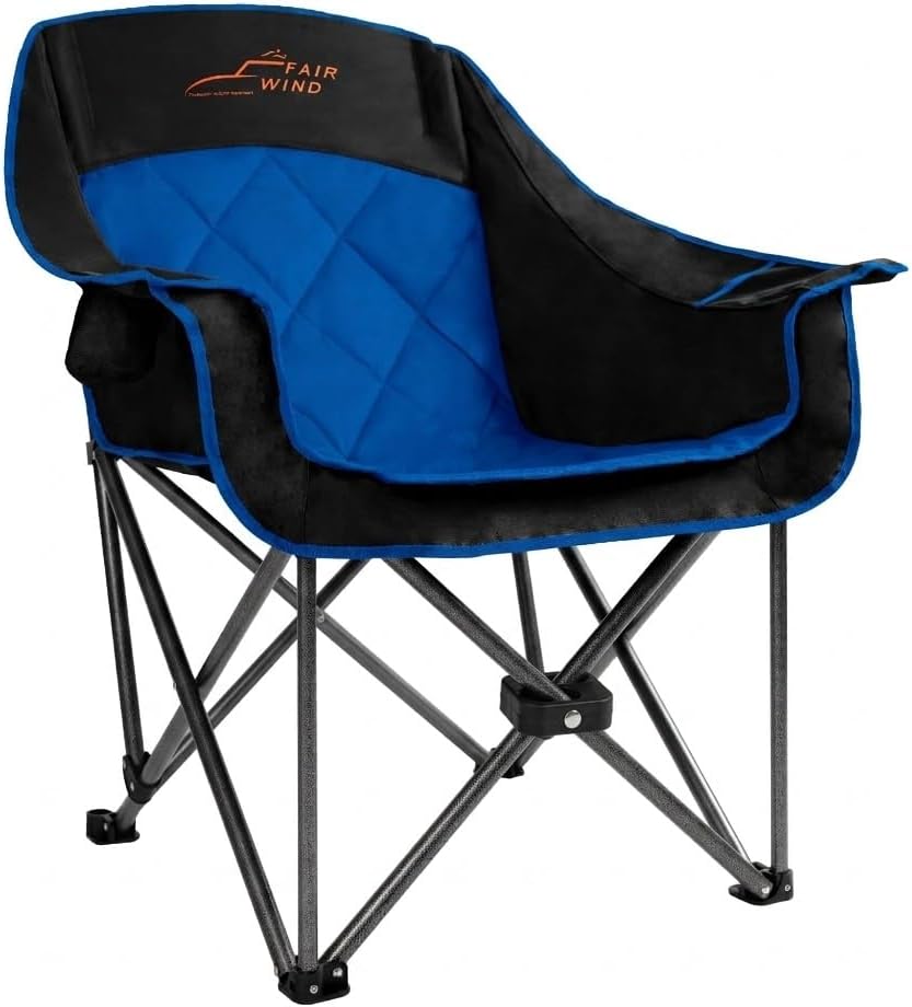 FAIR WIND Oversized Padded Camping Chair Heavy Duty Quad Fold Arm Chair Portable for Outdoor - Support 500LBS, Blue