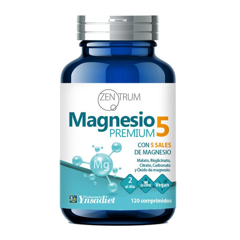 Magnesio Premium 5 de Zentrum | 5 Sales de Magnesio: Malato, Bisglicinato, Citrato, Carbonato y Óxido | Apoyo Muscular, Fatiga, Calambres y Equilibrio Electrolítico | Ynsadiet | 120 Comprimidos