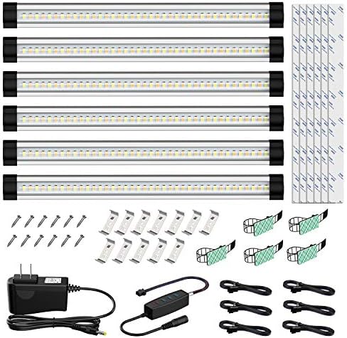 Onforu LED Under Cabinet Lighting Kit, 3 Adjustable Lights Color 2400lm Dimmable Strip Lights, Warm/Daylight/Neutral White Optional Under Counter Light Bar, DC 12V Closet Lights, Set of 6