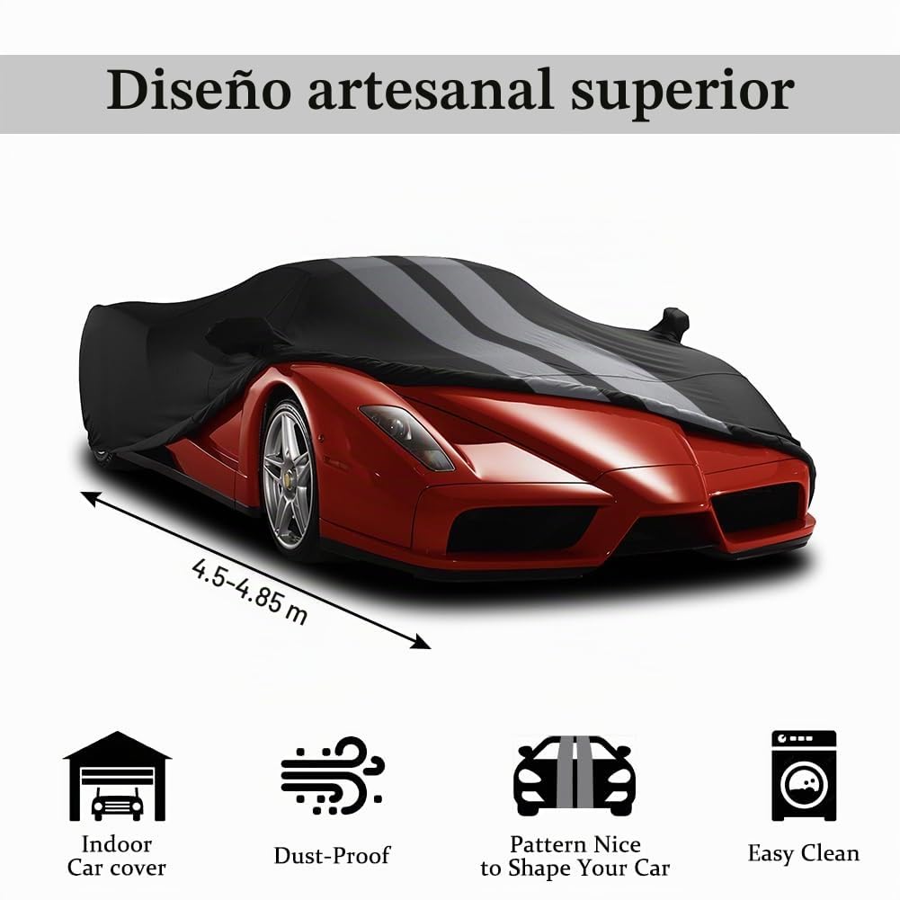 Cubierta de Coche Interior, Funda de Coche Deportivos Tela Elástico de Terciopelo Suave,Antipolvo Transpirable para Garaje Subterráneo,Show/Exhibición de Autos, L4.5~4.85m,Gris Rayas+Negro