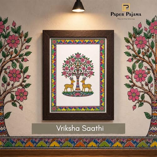 Image of PAPER PAJAMA Deer Pair Under Tree Wall Art for Living Room | Madhubani Tree of Life Painting | Traditional Mithila Folk Art Framed Decor for Home, Bedroom & Office (10x13 Inches)