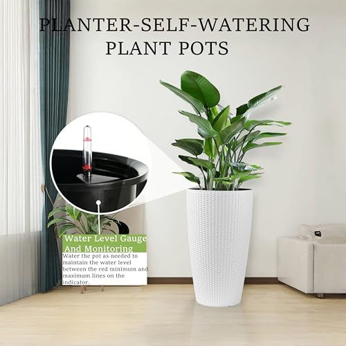 2Pack 22" White Rattan Conical Self-Watering Plant Pots for Front Porch Patio