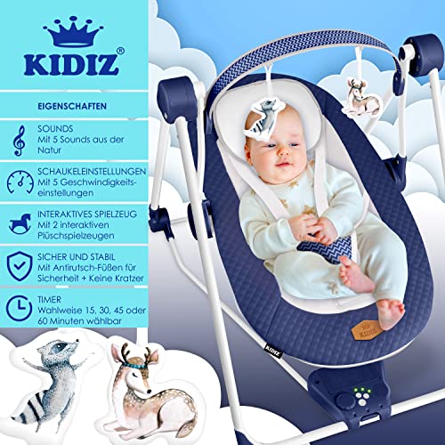 KIDIZ® Babywippe Babyschaukel mit 5 Geschwindigkeitseinstellungen zusammenklappbarer Baby Wippe Schaukel Babyhochstuhl mit Spielbogen Spielzeugen 5 beruhigende Naturgeräusche, Blau