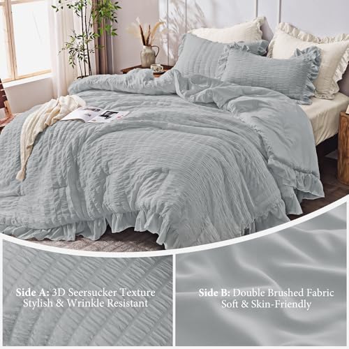 Image of JOLLYVOGUE Light Grey King Comforter Set, 3 Pieces Seersucker Comforters King Size, Lightweight & Fluffy Bedding Sets King for All Season with 1 Ruffle Comforter and 2 Ruffle Pillowshams