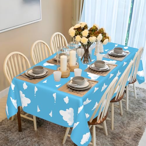 Image of 2 PCS Blue Sky and White Clouds Tablecloth Birthday Party Supplies 54 x108 Inch Cartoon Story Table Cloth Plastic Sky Clouds Backdrop Tablecover Cartoon Table Banner for Baby Shower Boy Girl Birthday