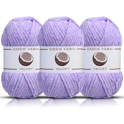 Velvet Yarn for Crocheting – CocoYarn - Chenille Chunky Yarn for Hand Knitting, Fluffy Soft Plush Amigurum Bulky Baby Blanket Yarn for Crochet 100g -131yds (3, Lilac-05)