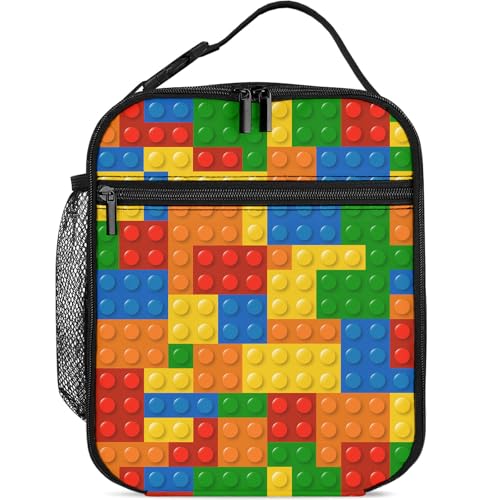 Knobcar Colorful Bricks Lunch Bag Kids Insulated Lunch Box for Girls Boys Women Men Reusable Insulated Lunch Box with Side Pocket Cooler Tote Bag Colorful Block Lunchbox for School Work Picnic Hiking