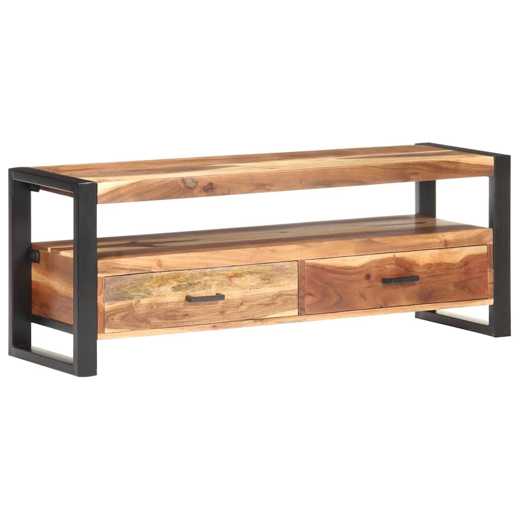 Mobile TV in legno massello, 120 x 35 x 45 cm, stile vintage, in legno di acacia e caucciù, colore miele, con 2 cassetti e ripiano per soggiorno