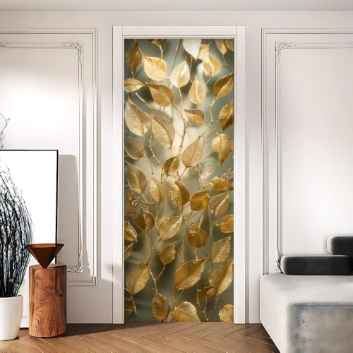 Image of Gold Skeleton Leaf Botanical Door Mural Peel Stick 30.31x78.74in