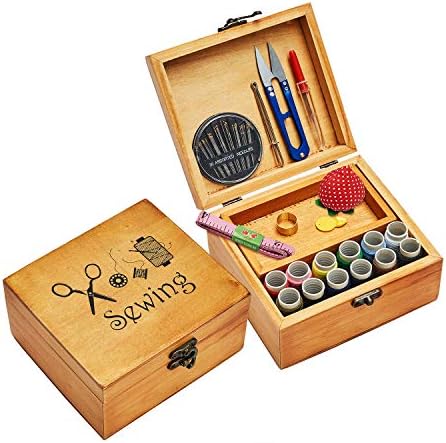 Sewing Kit Basket, Wooden Sewing Box with Accessories, Home Sewing Repair Tool Kit Sewing Starter Kit for Adults Kids