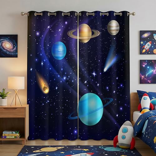 terxgrl Space Curtains for Boys Room Galaxy Outer Space Blackout Window Curtains Solar System Planets Darkening Drapes for Kids Bedroom Playroom 42 x 45 Inch
