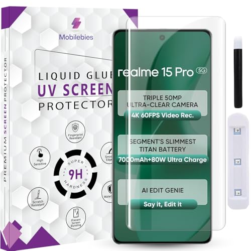 Image of Premium HD+ UV Tempered Glass Screen Protector For Realme 15 Pro 5G / 15 5G (6.8 Inch, Pack of 1) Full Adhesive UV Curved HD Screen Protector Case Friendly with installation kit & Guide