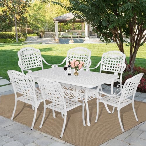 Image of MEETWARM 7-Piece Outdoor Patio Dining Set, 6 Outdoor Dining Chairs and 1 Rectangle Table with 2 inch Umbrella Hole, All Weather Cast Aluminum Patio Funiture Set for Backyard, Patio(White)