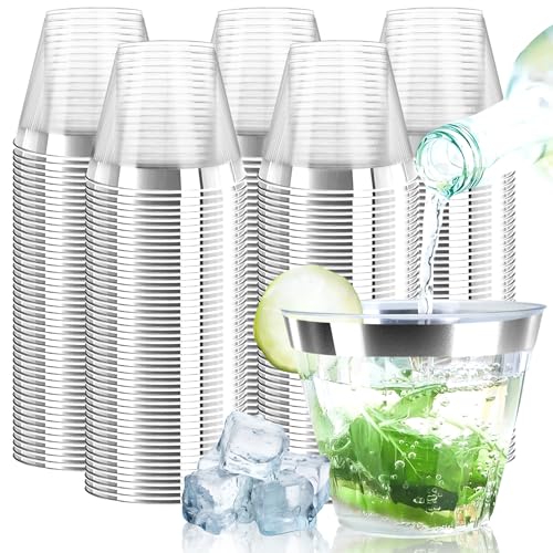 [200 Pack] 9oz Clear Plastic Cups with Silver Rimmed Sturdy & Food Safe Disposable Wine Glasses Party Wedding Disposable Drinking Cups Plastic Cocktail Glasses for Wine, Juice & Cold Beverages