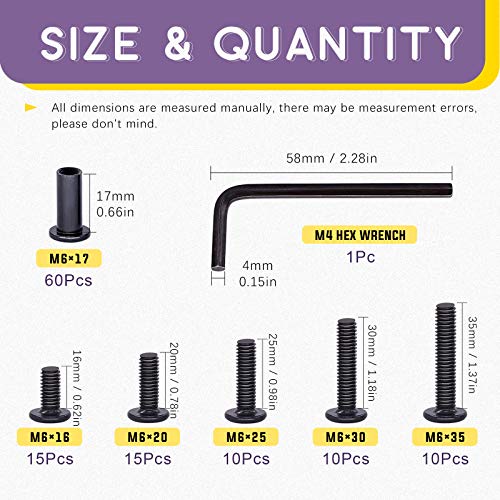 Swpeet 120Pcs M6x16mm/20mm/25mm/30mm/35mm Carbon Steel Black Hex Drive Socket Cap Bolts Barrel Nuts Kit with 1Pcs Allen Wrench - Image 2