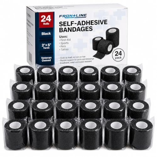 Frontline 24 Pack Self Adhesive Bandage Wrap 2" x 5 Yards Athletic Tape Vet Wrap Tattoo Supplies Wrap Medical Supplies Elastic Cohesive Bandage Wrist Ankle Sports Tape (Black)