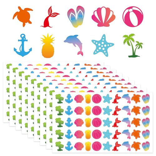 Tropical Ocean Tanning Bed Stickers 500 Pcs Colorful Beach Theme Body Art Stickers for Sunbathing Waterproof Heart Shell Dolphin Sun Tanning Decals for Women Men