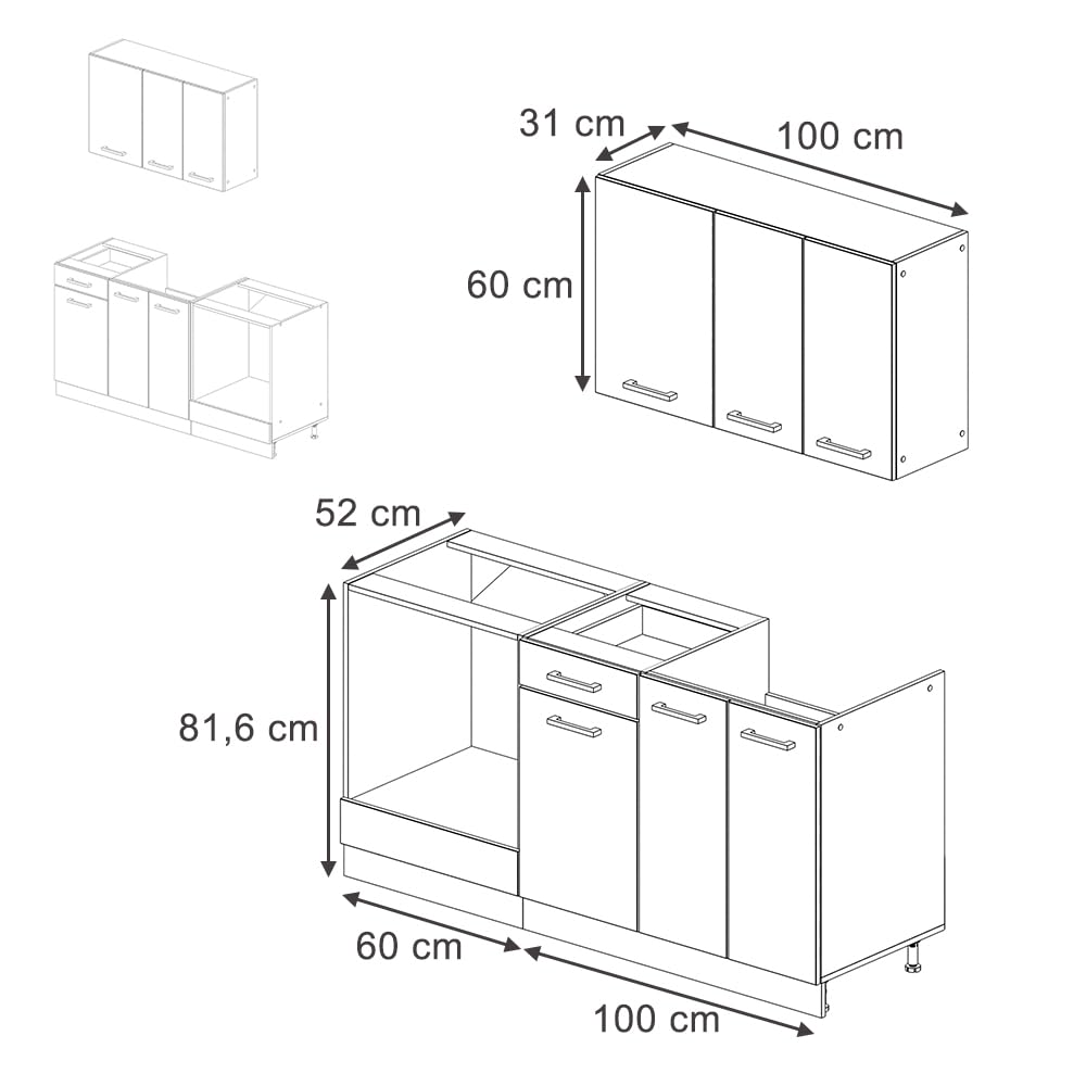 Vicco Cuisine R-Line Noir Brillant Blanc 160cm Meuble Four Encastrable Préparé Intégration Appareils Électroménagers Évier
