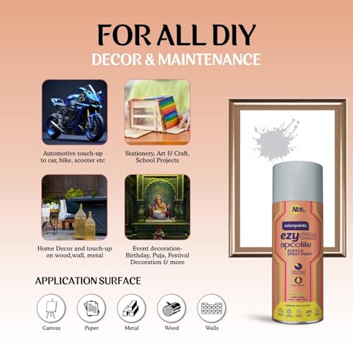 Image of Asian Paints ezyCR8 Apcolite DIY Spray Paint - Silver, 400ml, 100% Acrylic | Multi-Surface Use: Metal, Wood & Walls
