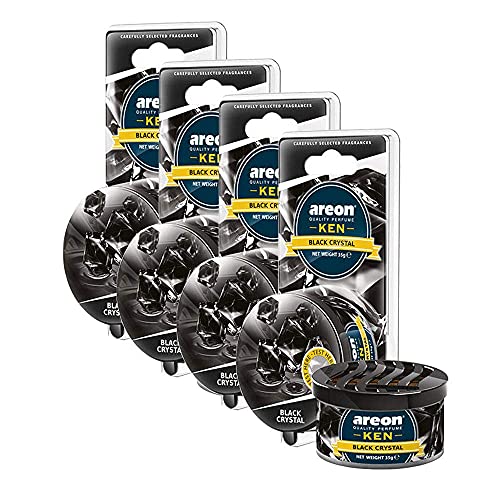 AREON Ken Car Air Freshener - Black Crystal Scent, Long-Lasting Fragrance - Portable Fragrant Deodorizer with Adjustable Odor Output - Automobile Accessories & Essentials - 1.23 Oz. Cans, Pack of 4