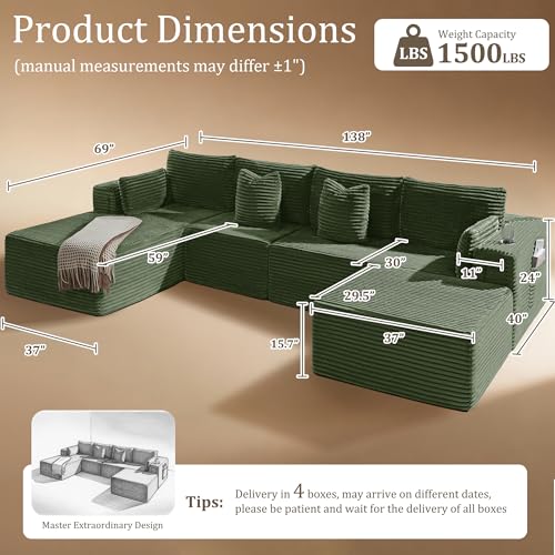Image of 138 inch Cloud Sectional Couch, Comfort U Shaped Boneless Couch for Living Room, Extra Deep Seats No Assembly, Minimalist Modular Sofa, Corduroy (Olive Green, 3 Seater+Left Facing Chaise+Ottoman)
