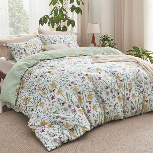 Image of Bedsure Duvet Cover King Size - Reversible Floral Patterned Duvet Cover Set with Zipper Closure, 3 Pieces Green Bedding Set with 8 Corner Ties and 2 Pillow Shams 20 inchx36 inch