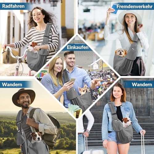 SlowTon Hundetragetasche, Haustier Hundetasche mit verstellbarem, gepolstertem Schultergurt und Fronttasche Tragetasche Hund für Spaziergang (Grau, M(Für Haustiere 2,7-5,4 kg))