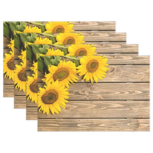 Buy 1 get 1 MOYYO Sunflowers on The Wooden Placemat Heat Resistant Non-Slip Polyester Place mats Washable Table Mats Easy to Clean for Dining Kitchen Table Decor Set of 6