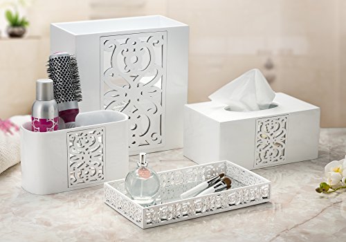 DWELLZA Decorative White Tissue Box Cover Rectangular (10.25" x 5.9" x 4.53") - Mirror Janette Collection - Bath Tissues Paper Napkin Holder- Resin Rectangle Napkins Container