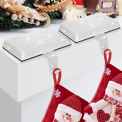 2 Pack Glitter Metal Christmas Stocking Holders for Mantle Heavy Duty Stocking Hangers Stocking Hook Christmas Ornaments with Protective Pad for Counter Tables Window Fireplace Mantle (Silver) Cover