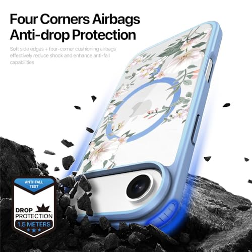 Image of VONZEE Back Cover Case Compatible with iPhone 17 Air Case, Luxury Retro Flowers Floral Clear for Magnetic Wireless Charging Shockproof PC+TPU Cute Glossy Shiny for Girls Women, 6.6''|Official Blue